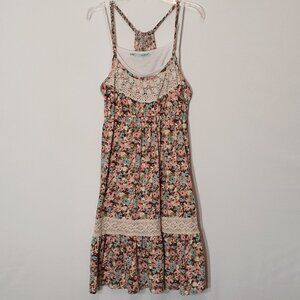 MAURICES Pink Floral, Lace Trim Short Halter Dress w Attached Tank; Size S